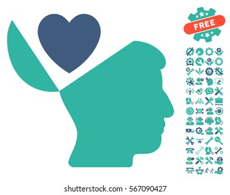 Open Mind Love Heart icon with bonus service symbols. Vector illustration style is flat iconic cobalt and cyan symbols on white background.