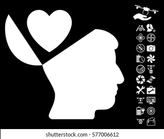 Open Mind Love Heart icon with bonus quad copter service icon set. Vector illustration style is flat iconic white symbols on black background.