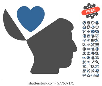 Open Mind Love Heart icon with bonus configuration clip art. Vector illustration style is flat iconic cobalt and gray symbols on white background.