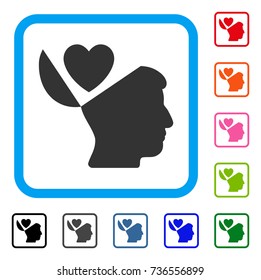 Open Mind Love Heart icon. Flat grey pictogram symbol in a light blue rounded frame. Black, gray, green, blue, red, orange color additional versions of Open Mind Love Heart vector.