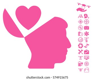 Open Mind Love Heart pictograph with bonus quad copter tools pictograms. Vector illustration style is flat iconic symbols on white background.