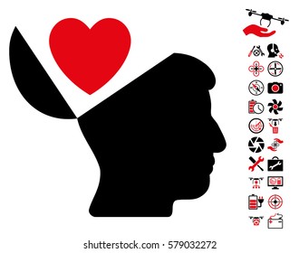 Open Mind Love Heart pictograph with bonus airdrone tools icon set. Vector illustration style is flat iconic intensive red and black symbols on white background.