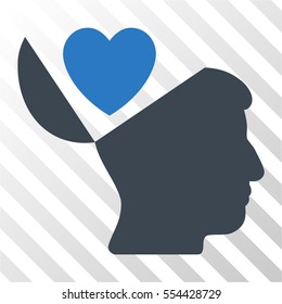 Open Mind Love Heart vector pictograph. Illustration style is flat iconic bicolor smooth blue symbol on a hatched transparent background.