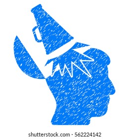 Open Mind Megaphone grainy textured icon for overlay watermark stamps. Flat symbol with dust texture. Dotted vector blue ink rubber seal stamp with grunge design on a white background.