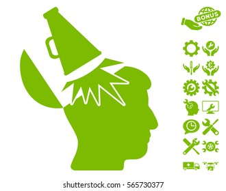 Open Mind Megaphone icon with bonus settings pictograph collection. Vector illustration style is flat iconic eco green symbols on white background.