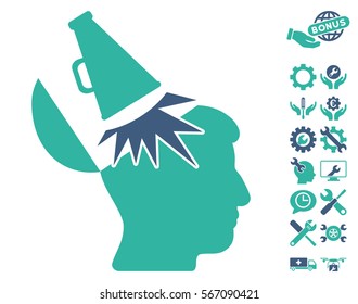 Open Mind Megaphone icon with bonus options images. Vector illustration style is flat iconic cobalt and cyan symbols on white background.