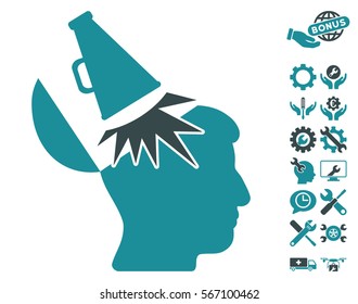 Open Mind Megaphone icon with bonus settings clip art. Vector illustration style is flat iconic soft blue symbols on white background.
