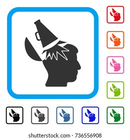 Open Mind Megaphone icon. Flat grey pictogram symbol inside a light blue rounded frame. Black, gray, green, blue, red, orange color versions of Open Mind Megaphone vector.