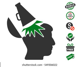 Open Mind Megaphone icon with free bonus pictures. Vector illustration style is flat iconic symbols, green and gray colors, white background.
