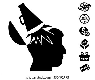 Open Mind Megaphone icon with free bonus design elements. Vector illustration style is flat iconic symbols, black color, white background.