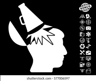 Open Mind Megaphone pictograph with bonus uav service icon set. Vector illustration style is flat iconic white symbols on black background.
