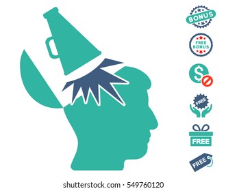 Open Mind Megaphone pictograph with free bonus pictures. Vector illustration style is flat iconic symbols, cobalt and cyan colors, white background.