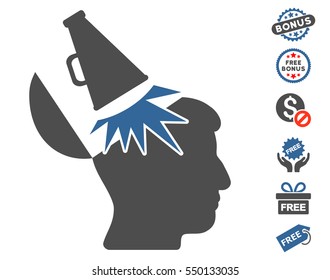 Open Mind Megaphone pictograph with free bonus pictures. Vector illustration style is flat iconic symbols, cobalt and gray colors, white background.