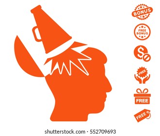 Open Mind Megaphone pictograph with free bonus symbols. Vector illustration style is flat iconic symbols, orange color, white background.