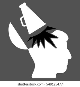 Open Mind Megaphone vector icon. Style is flat graphic bicolor symbol, black and white colors, gray background.