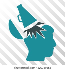 Open Mind Megaphone vector pictogram. Illustration style is flat iconic bicolor soft blue symbol on a hatched transparent background.