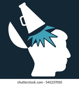 Open Mind Megaphone vector pictogram. Style is flat graphic bicolor symbol, blue and white colors, dark blue background.