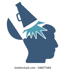 Open Mind Megaphone vector pictogram. Style is flat graphic bicolor symbol, cyan and blue colors, white background.