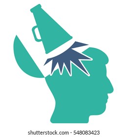 Open Mind Megaphone vector pictogram. Style is flat graphic bicolor symbol, cobalt and cyan colors, white background.