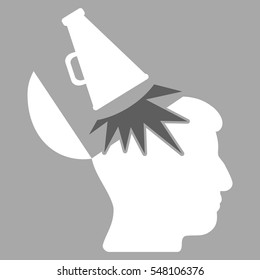 Open Mind Megaphone vector pictogram. Style is flat graphic bicolor symbol, dark gray and white colors, silver background.
