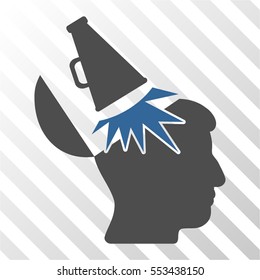 Open Mind Megaphone vector pictogram. Illustration style is flat iconic bicolor cobalt and gray symbol on a hatch transparent background.
