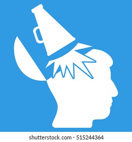 Open Mind Megaphone vector pictograph. Style is flat graphic symbol, white color, blue background.