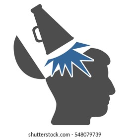 Open Mind Megaphone vector pictograph. Style is flat graphic bicolor symbol, cobalt and gray colors, white background.