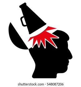 Open Mind Megaphone vector pictograph. Style is flat graphic bicolor symbol, intensive red and black colors, white background.