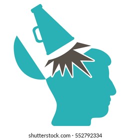 Open Mind Megaphone vector pictograph. Style is flat graphic bicolor symbol, grey and cyan colors, white background.