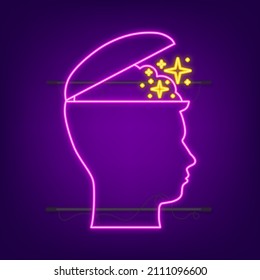 Open Mind. Neon Icon On Light Backdrop. Mental Health Concept. Business Concept. Creative Idea Banner. Human Anatomy