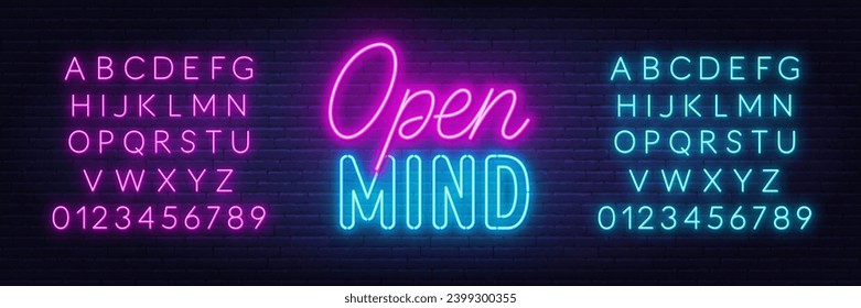 Open Mind neon lettering on brick wall background.