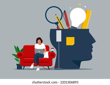 Open Mind, New Skills and Creative Abilities. Business creative idea. Girl freelancer sitting on sofa. Flat vector illustration.