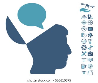 Open Mind Opinion icon with bonus quadrocopter service pictograms. Vector illustration style is flat iconic cyan and blue symbols on white background.