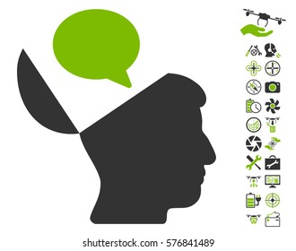 Open Mind Opinion icon with bonus drone tools pictures. Vector illustration style is flat iconic eco green and gray symbols on white background.
