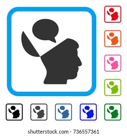 Open Mind Opinion icon. Flat gray iconic symbol in a light blue rounded rectangle. Black, gray, green, blue, red, orange color variants of Open Mind Opinion vector.