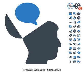Open Mind Opinion icon with free bonus pictograph collection. Vector illustration style is flat iconic symbols, smooth blue colors, white background.