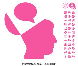 Open Mind Opinion icon with free bonus pictures. Vector illustration style is flat iconic symbols, pink color, white background.