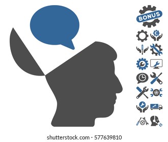 Open Mind Opinion pictograph with bonus service pictograph collection. Vector illustration style is flat iconic cobalt and gray symbols on white background.