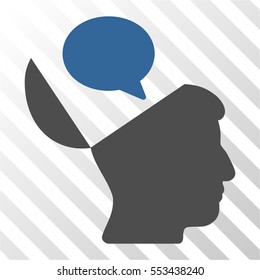 Open Mind Opinion vector pictograph. Illustration style is flat iconic bicolor cobalt and gray symbol on a hatched transparent background.