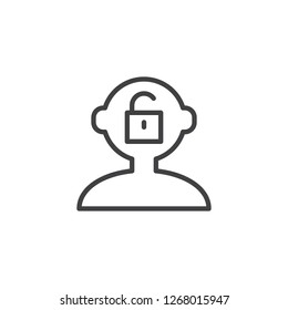 Open mind outline icon. linear style sign for mobile concept and web design. Human head with open lock simple line vector icon. Symbol, logo illustration. Pixel perfect vector graphics