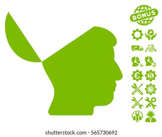 Open Mind pictograph with bonus settings pictograph collection. Vector illustration style is flat iconic eco green symbols on white background.