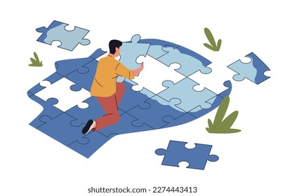 Open mind psychotherapy. Person collects his lost identity from puzzle jigsaw pieces, mental health steps, healing process, cartoon flat illustration, nowaday vector psychology concept