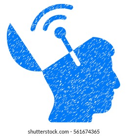 Open Mind Radio Interface grainy textured icon for overlay watermark stamps. Flat symbol with unclean texture. Dotted vector blue ink rubber seal stamp with grunge design on a white background.