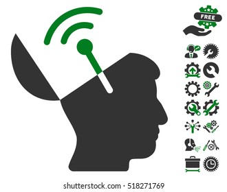 Open Mind Radio Interface icon with bonus service graphic icons. Vector illustration style is flat iconic green and gray symbols on white background.