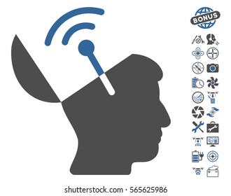Open Mind Radio Interface icon with bonus uav tools pictures. Vector illustration style is flat iconic cobalt and gray symbols on white background.