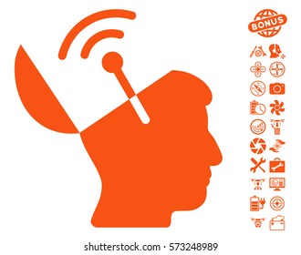 Open Mind Radio Interface icon with bonus nanocopter service pictures. Vector illustration style is flat iconic symbols on white background.