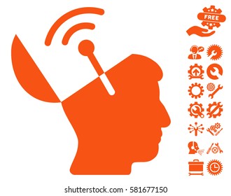 Open Mind Radio Interface icon with bonus service images. Vector illustration style is flat iconic orange symbols on white background.