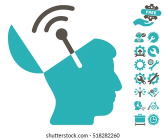 Open Mind Radio Interface pictograph with bonus configuration pictures. Vector illustration style is flat iconic grey and cyan symbols on white background.