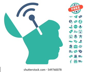 Open Mind Radio Interface pictograph with free bonus graphic icons. Vector illustration style is flat iconic symbols, cobalt and cyan colors, white background.