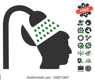 Open Mind Shower icon with bonus settings icon set. Vector illustration style is flat iconic green and gray symbols on white background.
